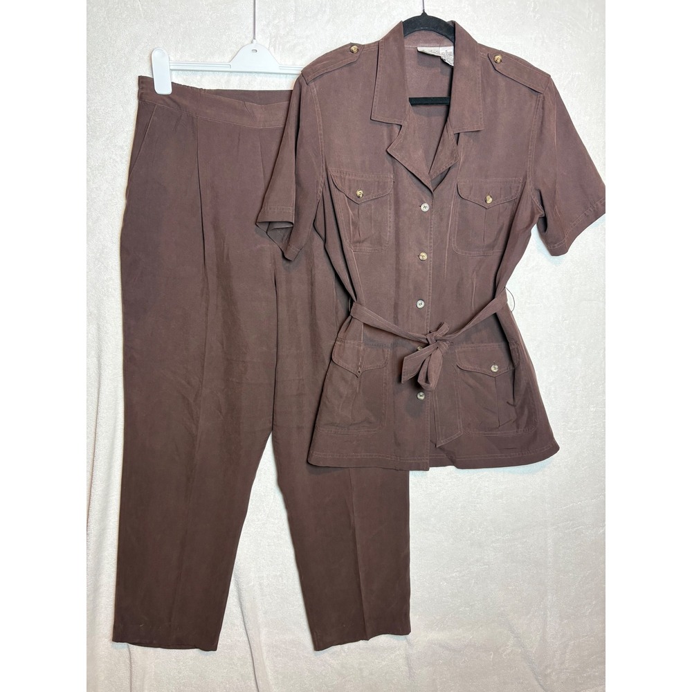 Jacqueline Ferrar Brown 100% Silk Safari Jacket and Pants 2 Piece Set Size 16